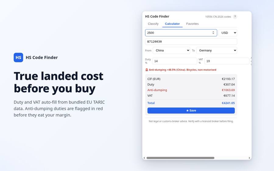 Landed cost calculator — duty and VAT