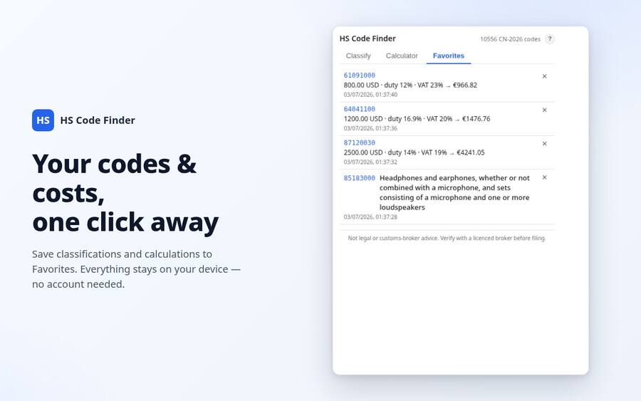 Saved HS code favorites